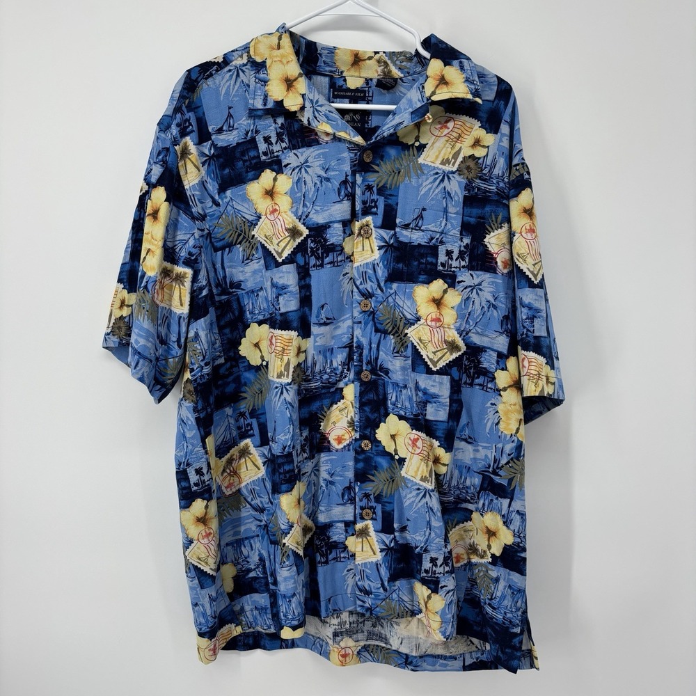 Caribbean Joe Washable 100% Silk Floral Stamp Hawaiian Shirt Men's Large Blue